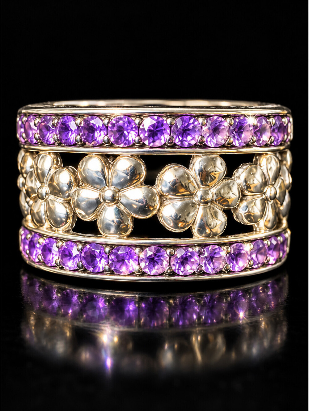 JAI by John Hardy 925 Sterling Silver Amethyst Floral Wide Band Ring Sz6.5 NEW